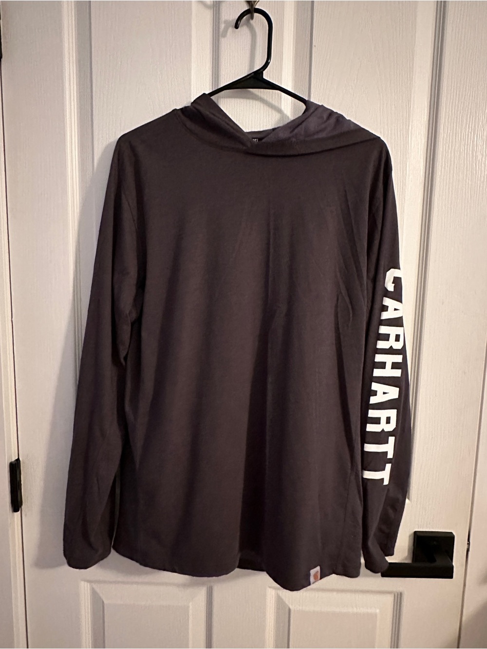 Carhartt Men's Hooded Long-Sleeve Tee in Charcoal with White Sleeve Logo